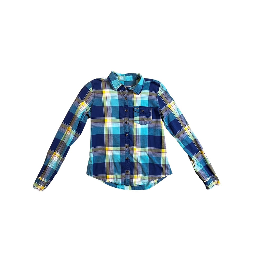 Hollister Blue Teal Yellow Plaid‎ Button Down Cotton  Shirt  M - Picture 2 of 7